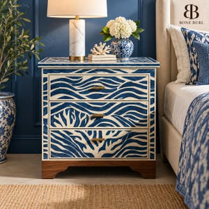 Ocean Wave Bone Inlay Nightstand, Blue Ivory 3 Drawer Bedside Cabinet, Handmade Coastal Bedroom Furniture, Coral Pattern Storage Chest