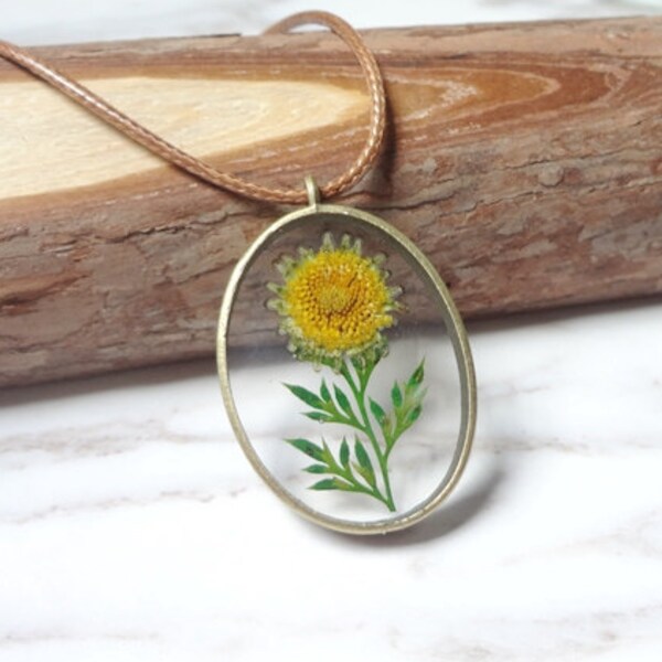 Natural Dried Flowers By Hand Glue Sunflower Oval Necklace Sautoir Shape  0234