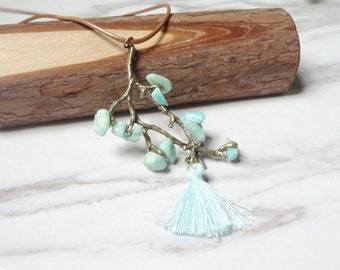 Small  Pure Fresh Amazonite Tassel Branches Necklace Natural Stone  Energy  0220