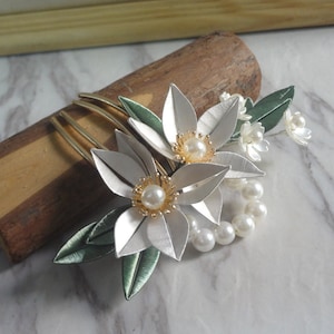 Mulberry Silk Wrapped Flowers Hairpin White Flower Hair Clip Handmade Hair Jewelry Gift for her 8