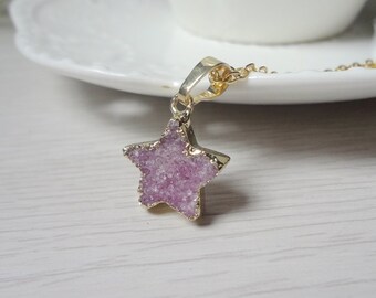 pink star Druzy Necklace, Winter Jewelry, Gift for Her, Raw Crystal Necklace 923