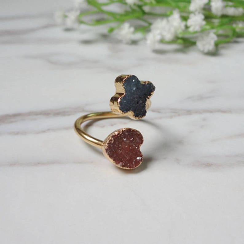 Double Flower Druzy Agate Gold Plated Druzy Drusy Mineral Ring Raw Gemstone Rough Statement Adjustable Ring 715 image 4