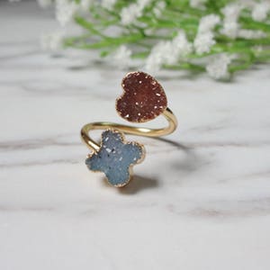 Double Flower Druzy Agate Gold Plated Druzy Drusy Mineral Ring Raw Gemstone Rough Statement Adjustable Ring 715 image 1