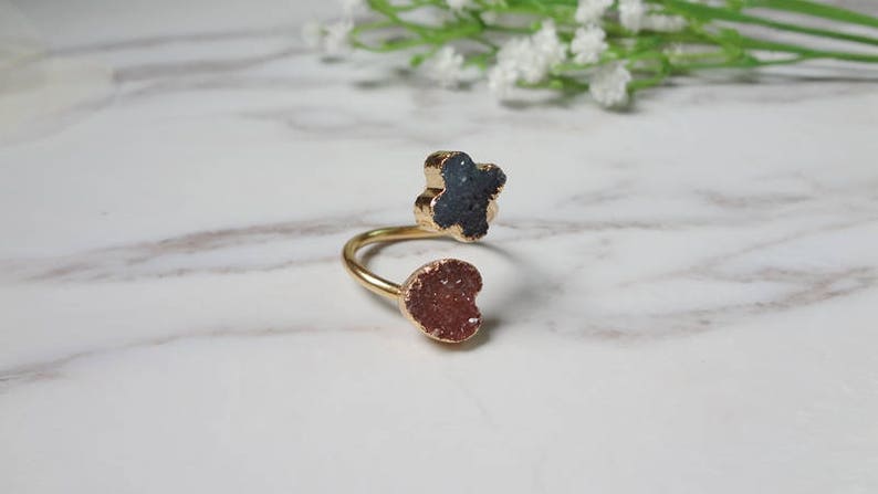 Double Flower Druzy Agate Gold Plated Druzy Drusy Mineral Ring Raw Gemstone Rough Statement Adjustable Ring 715 image 8