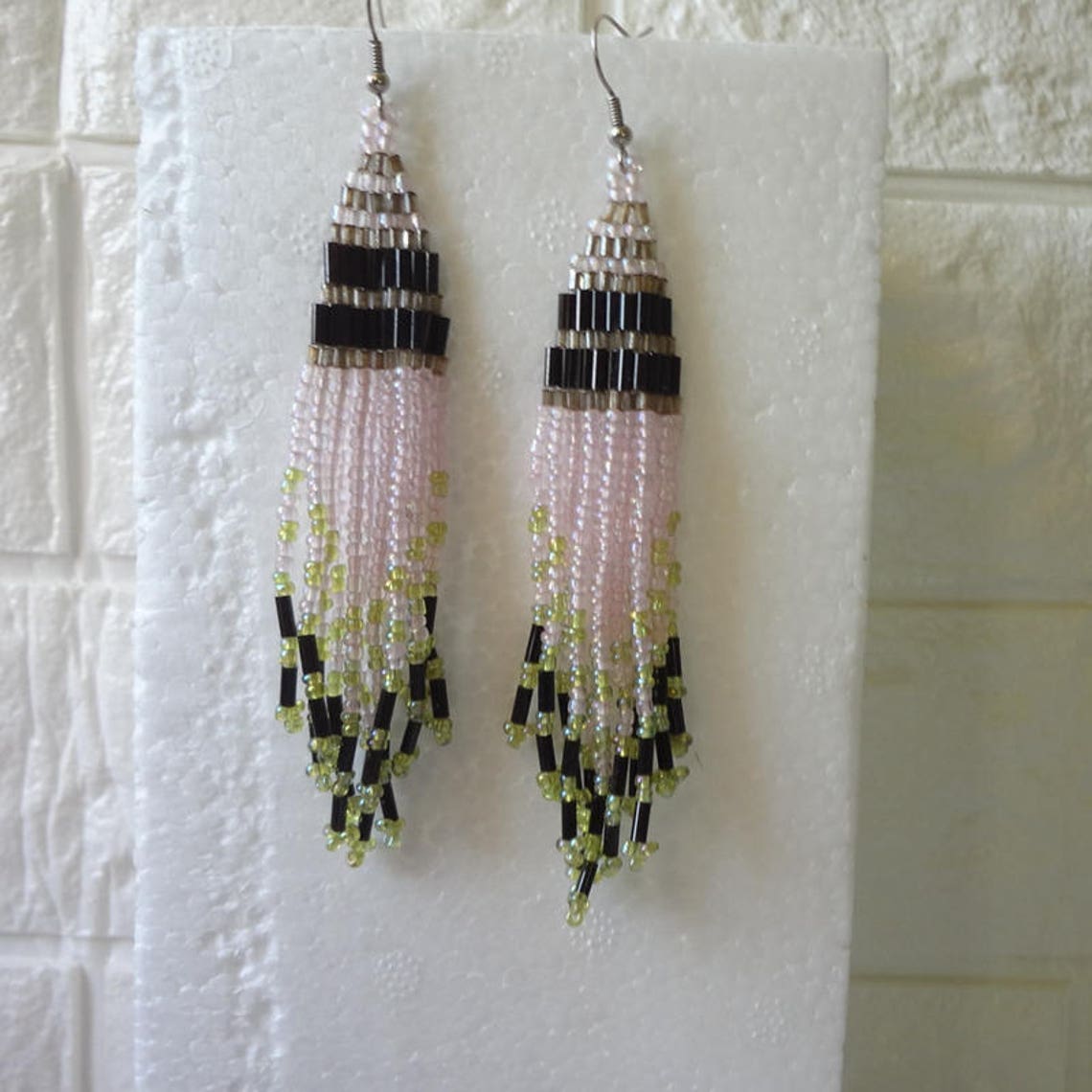 Beaded Earrings Long Beaded Earrings Pink White and Black Etsy UK