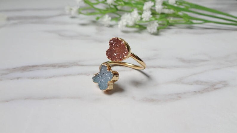 Double Flower Druzy Agate Gold Plated Druzy Drusy Mineral Ring Raw Gemstone Rough Statement Adjustable Ring 715 image 6