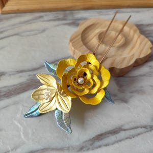 Mulberry Silk Wrapped Flowers Hairpin Yellow Flower Hair Clip Handmade Hair Jewelry  308