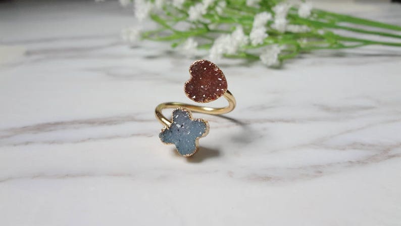 Double Flower Druzy Agate Gold Plated Druzy Drusy Mineral Ring Raw Gemstone Rough Statement Adjustable Ring 715 image 10