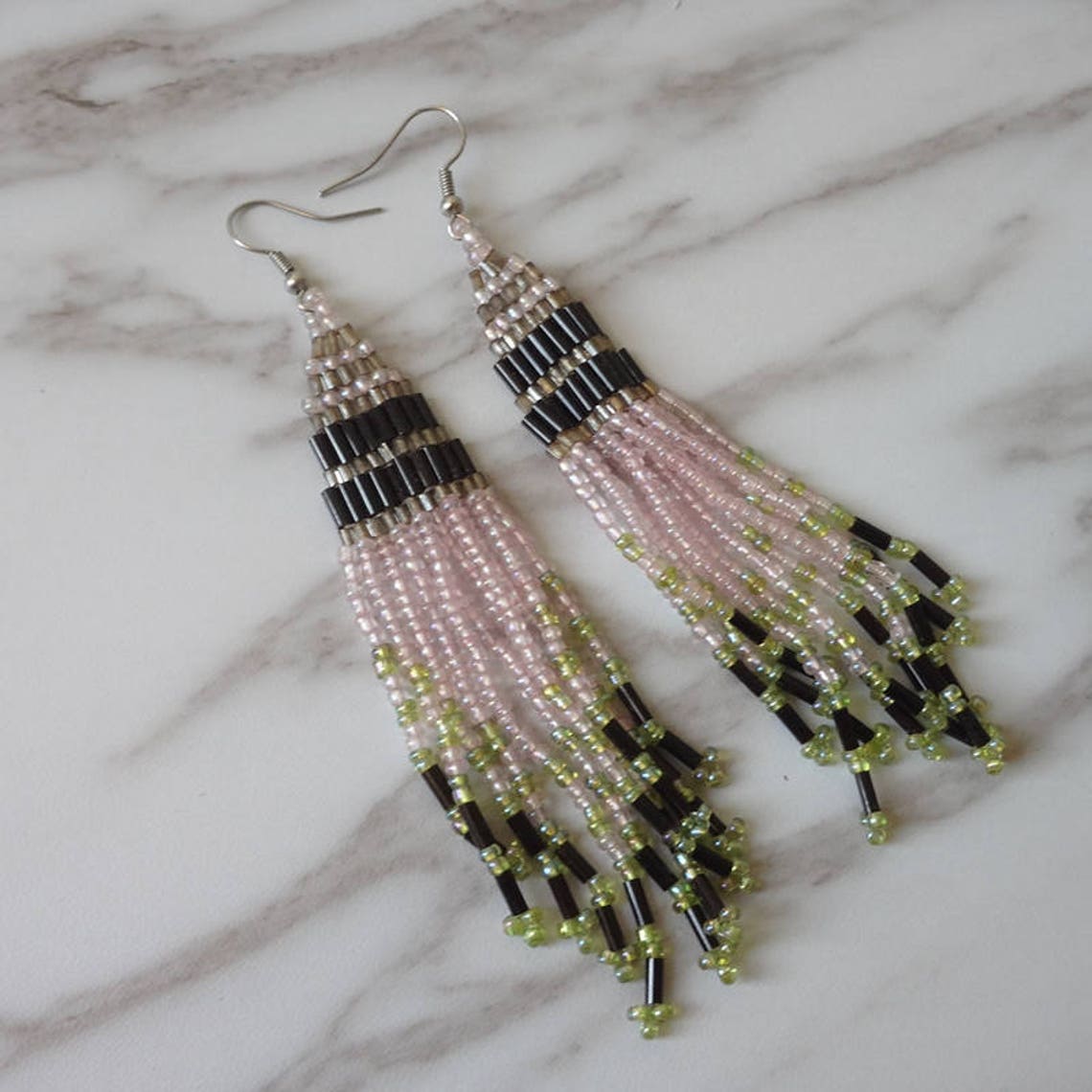 Beaded Earrings Long Beaded Earrings Pink White and Black Etsy UK