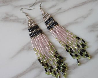 Beaded earrings, long beaded earrings, pink, white and black, green, ombre, beaded long earrings,beaded jewelry, earrings 1258