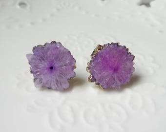 Purple Agate Druzy Drusy Golden Raw Rough Gemstone Stud Earrings  1097