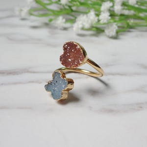 Double Flower Druzy Agate Gold Plated Druzy Drusy Mineral Ring Raw Gemstone Rough Statement Adjustable Ring 715 image 2