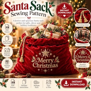 May include: A red velvet Santa sack sewing pattern featuring gold embroidered text that reads Merry Christmas with a star and holly accents. The sack has a gold drawstring with tassels, a patterned interior, and is filled with wrapped gifts.