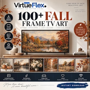 May include: A digital collection of 100+ fall-themed frame TV art files by VirtueFlex. The display shows an autumn landscape with a cabin, trees, and mountains. Includes icons for instant download, 4K UHD quality, and various seasonal imagery.