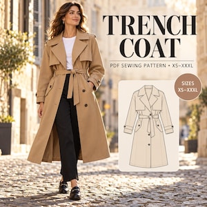 Può includere: Un trench beige con colletto ampio, maniche lunghe e cintura da annodare in vita. L'immagine include il testo TRENCH COAT PDF SEWING PATTERN XS-XXXL e un disegno tecnico del cappotto che mostra la vista frontale e i dettagli dei bottoni.