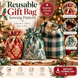 Può includere: Un cartamodello per sacchetto regalo riutilizzabile con il testo Reusable Gift Bag Sewing Pattern, Beginner Friendly e Instant Download. L'immagine mostra tre sacchetti in tessuto con chiusura a coulisse in damasco rosso, stampa a foglie verdi e tartan verde.