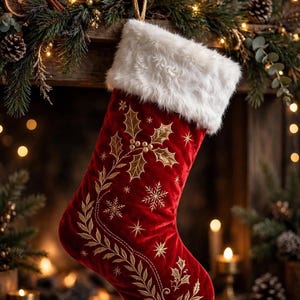 Puede incluir: Un calcetín navideño de terciopelo rojo con un borde de piel sintética blanca, con bordados dorados de hojas de acebo, bayas y copos de nieve. El texto dice "Christmas Stocking Sewing Pattern" y "PDF PATTERN • INSTANT DOWNLOAD".
