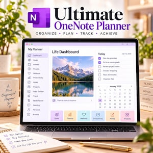 May include: A laptop screen displaying the Ultimate OneNote Planner interface with a Life Dashboard, including a mountain landscape image, a daily task list for January 12, 2025, a calendar for January 2025, and navigation icons for goals, finance, and wellness.