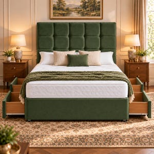 May include: A forest green upholstered bed frame featuring a tall, tufted headboard with square panels. The bed includes a white mattress, a textured green throw blanket, and two open storage drawers on each side of the base frame.
