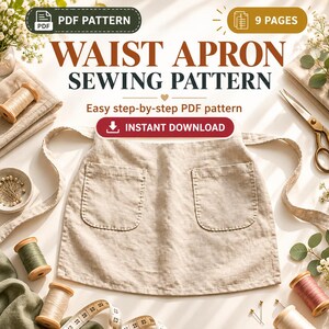 Beginner Waist Apron Sewing Pattern PDF, Step-by-Step Instructions (Digital Download)