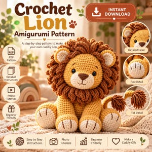 Puede incluir: Un patrón de ganchillo amigurumi de un león de color amarillo dorado con una melena marrón oscuro, un hocico blanco y ojos negros. El documento digital incluye instrucciones en PDF, tutoriales fotográficos y detalles de cabeza, patas y cola.