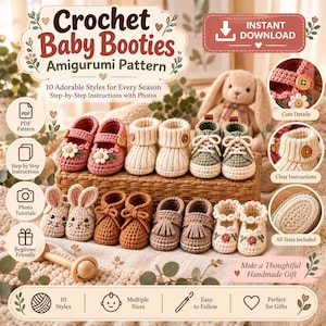 May include: A digital crochet pattern for baby booties featuring ten styles. The image displays various handmade booties including floral, bunny, tassel, and sneaker designs with buttons. Text includes Crochet Baby Booties Amigurumi Pattern.