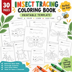Könnte beinhalten: Ein 30-seitiges Insekten-Nachmalbuch als druckbare Vorlage mit schwarz-weißen Strichzeichnungen von Marienkäfer, Honigbiene, Libelle, Ameise, Schmetterling, Käfer, Gottesanbeterin, Raupe, Motte und Heuschrecke mit Zeilen für Namen.