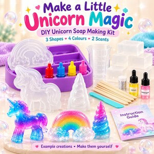 Unicorn Soap Making Kit for Kids Ages 6+, DIY Melt and Pour Craft Set with 3 Moulds, 4 Colours, 2 Scents & Glitter