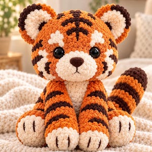May include: A crocheted tiger plush toy featuring orange, white, and dark brown yarn. The stuffed animal has large black eyes, a dark brown nose, and a striped tail. It is sitting upright with its front paws resting on the ground.