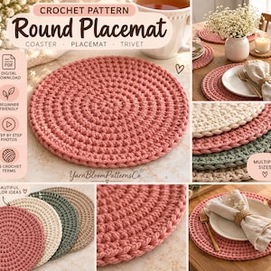 May include: A digital crochet pattern for a round placemat, coaster, and trivet. The image displays a textured, circular pink crocheted mat, with additional examples in cream, sage green, and tan, shown as table settings with plates and napkins.