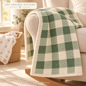 May include: A crochet blanket featuring a green and cream gingham check pattern with a solid cream border. The text PDF CROCHET PATTERN is visible in the upper left corner, and the text YarnBloomPatternsCo is at the bottom center.