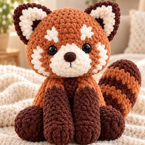 Puede incluir: Un peluche de panda rojo tejido a ganchillo con cabeza redonda, grandes ojos negros, nariz marrón oscuro y orejas puntiagudas con centros blancos. El cuerpo es de hilo texturizado color óxido con extremidades marrón oscuro y cola rayada.