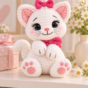 Può includere: Un peluche a forma di gatto realizzato all'uncinetto in bianco, con grandi occhi scuri, ciglia lunghe e naso rosa. Il gatto ha l'interno delle orecchie e i cuscinetti delle zampe rosa, e indossa un fiocco rosa acceso sulla testa e uno al collo.