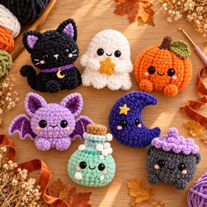 Pode incluir: Um conjunto de sete peluches de croché, incluindo um gato preto com um pendente de lua, um fantasma branco com uma estrela, uma abóbora laranja, um morcego roxo, uma lua crescente azul-escura, uma garrafa de poção verde e um caldeirão cinzento.