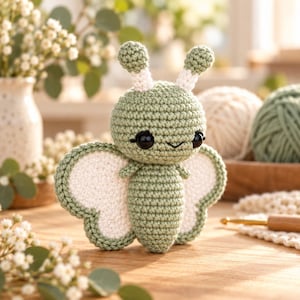 May include: A small, handmade crochet butterfly toy featuring a sage green body and head with white-centered wings. It has two antennae with white tips, large black safety eyes, and a stitched smile. The texture is consistent with yarn craft.