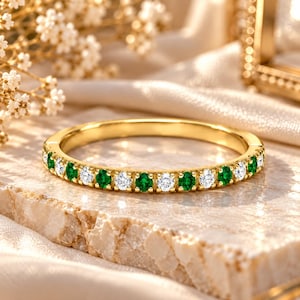 Natural Tsavorite Ring, Green Gemstone Band, Solid Gold Tsavorite Wedding Band, Anniversary Fine Jewelry