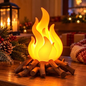 Könnte beinhalten: Eine dekorative Lampe in Form eines Lagerfeuers mit einer leuchtend orange-gelben Flamme aus durchscheinendem Material, die auf einer Basis aus braunen, strukturierten, realistisch wirkenden Kunststoffholzscheiten ruht.