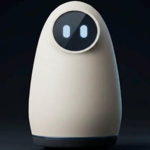 以下が含まれることがあります： マットなオフホワイトの外装を持つ滑らかな卵型のロボットで、上部前面に円形の黒いスクリーンがあります。スクリーンには、目のような形をした2つの垂直に光る水色の楕円が表示されています。デバイスの底部は暗い色をしています。