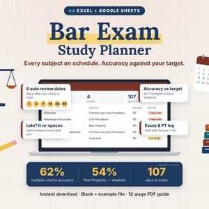 May include: A digital Bar Exam Study Planner for Excel and Google Sheets. The interface displays a laptop screen with study subjects, review dates, and accuracy tracking. Includes a calendar, scale of justice icon, pencil, and books.
