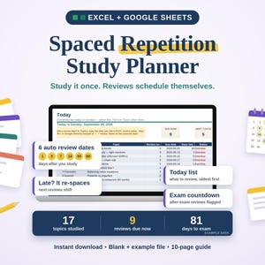 May include: A digital spaced repetition study planner for Excel and Google Sheets. The interface displays a dashboard with a today list, review dates, and an exam countdown. Text includes Spaced Repetition Study Planner, 17 topics studied, 9 reviews due now, and 81 days to exam. Includes a calendar and study cards.