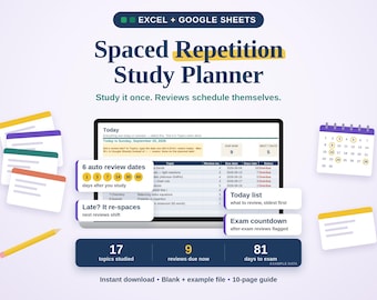 Spaced Repetition Study Planner Spreadsheet, Automatic Review Schedule, Exam Countdown (Excel/Google Sheets)