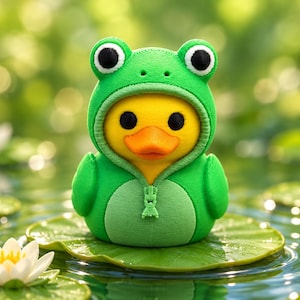 May include: A yellow rubber duck wearing a green frog-themed hoodie with a hood, black eyes, and a small zipper detail on the front. The duck has a bright orange beak and is positioned on a green lily pad in a pond with white water lilies.