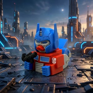 May include: A rubber duck designed as a robot character with a blue helmet, red torso, and white accents. The figure features a small orange beak, a black handheld blaster, and a white insignia on the shoulder, set against a futuristic city.