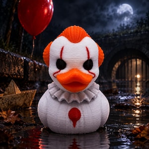 May include: A white rubber duck figure with orange hair, a bright orange beak, and red facial markings. The duck wears a white ruffled collar and has a red circular emblem on its chest. To the left, a small paper boat is labeled SS Georgie.