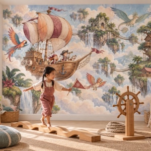 May include: A wall mural featuring a fantasy scene with a wooden flying ship, floating islands, waterfalls, and mythical creatures. The artwork includes a parrot, a dragon, and treehouses set against a cloudy sky, creating a whimsical adventure theme.