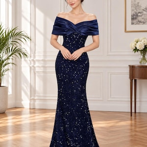 Off Shoulder Sequin Mermaid Gown, Satin Look Neckline, Floor Length Formal Evening Dress