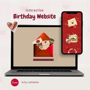 Puede incluir: Un portátil y un smartphone muestran una plantilla de sitio web de cumpleaños interactivo con un sobre rojo, ilustraciones de rosas y texto que incluye "interactive Birthday Website" y "CLICK TO REVEAL WHAT'S INSIDE".