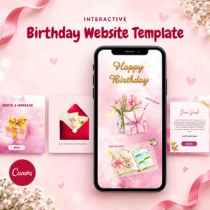 May include: An interactive birthday website template displayed on a smartphone screen, featuring pink watercolor backgrounds, gold text, floral illustrations, gift boxes, envelopes, and photo albums with buttons labeled Write a Message and Back.