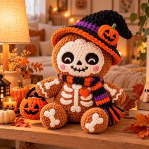 May include: A brown crocheted skeleton plush toy wearing a black and purple witch hat with a small orange pumpkin accent. The skeleton features white bone details, a small orange heart on its chest, and a striped scarf, holding a pumpkin bucket.