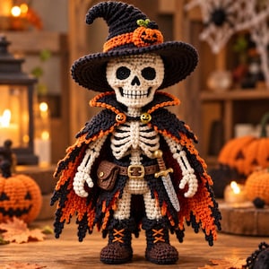 May include: A crocheted skeleton doll wearing a black and orange witch hat with a small pumpkin, a matching cape with pumpkin-shaped buttons, a brown belt with a pouch, a small sword, and dark brown boots with orange laces on a wooden surface.